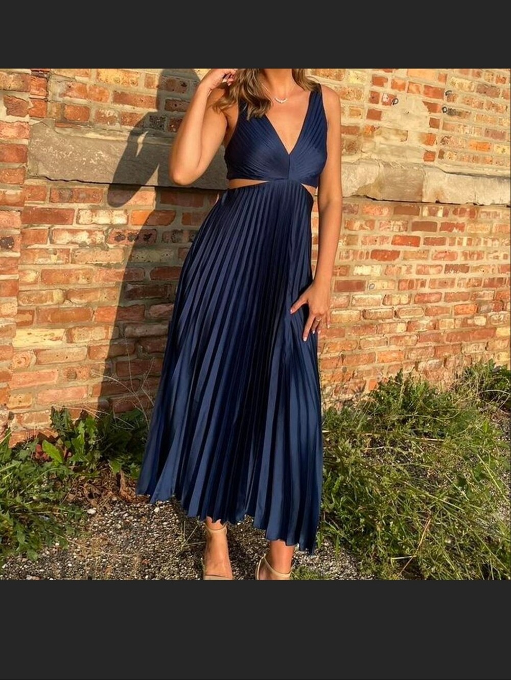 Abercrombie & Fitch Navy Pleated Midi Dress with Side Cutouts